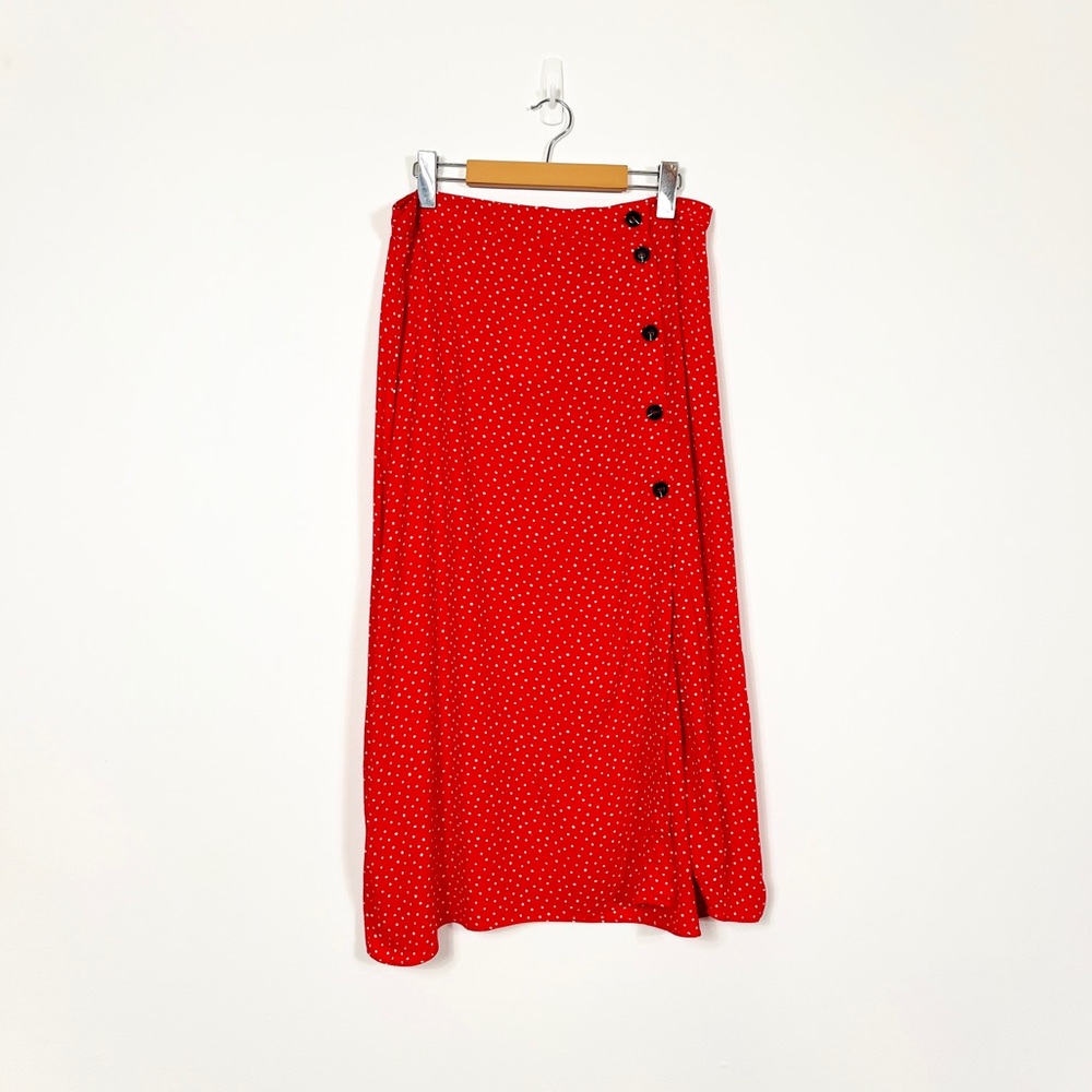 NWT H&M Red/White Polka Dot Side Split Midi Skirt w/ Button Details